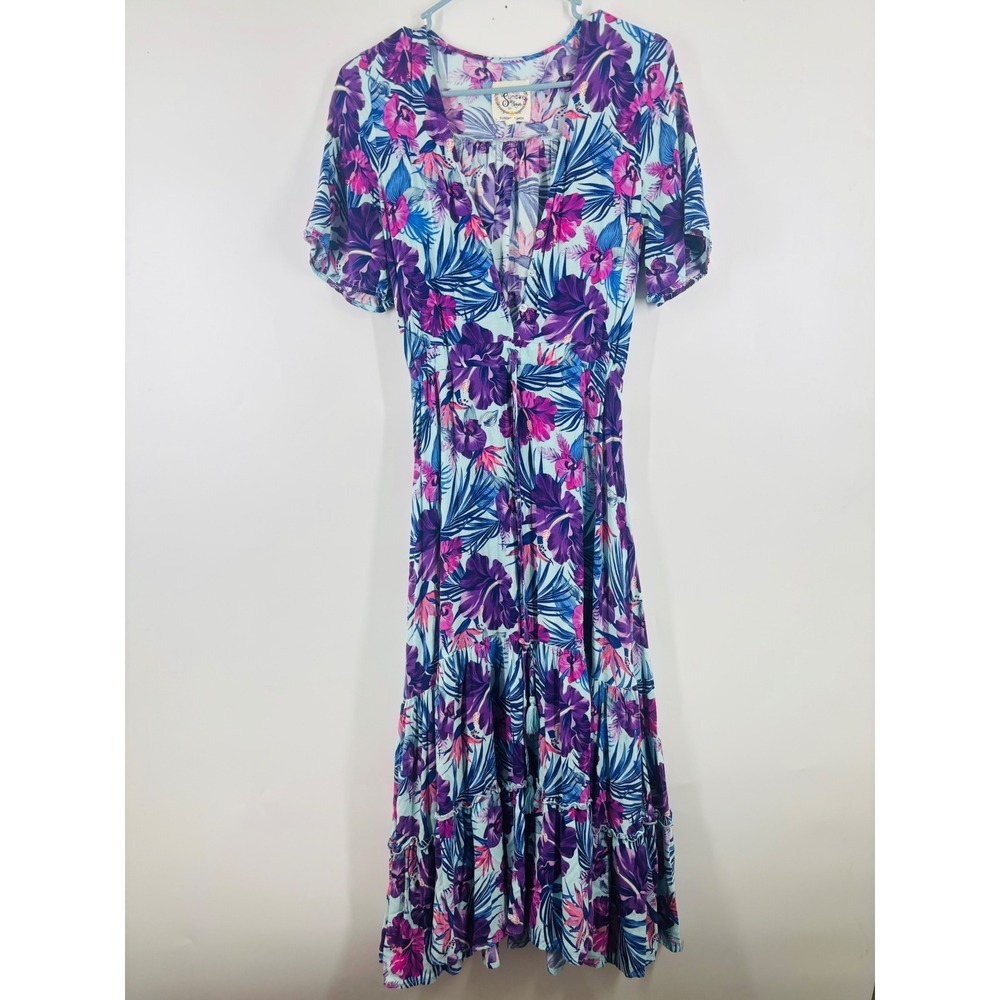 Sunday Mi Amor Tropical Floral‎ Maxi Dress Purple Hibiscus Tiered Boho Womens XS